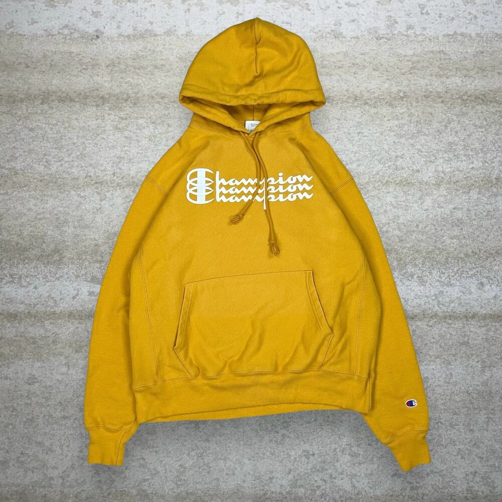 Vintage Y2K Champion Hoodie Mens L Mustard Yellow Reverse Weave Cotton Pullover